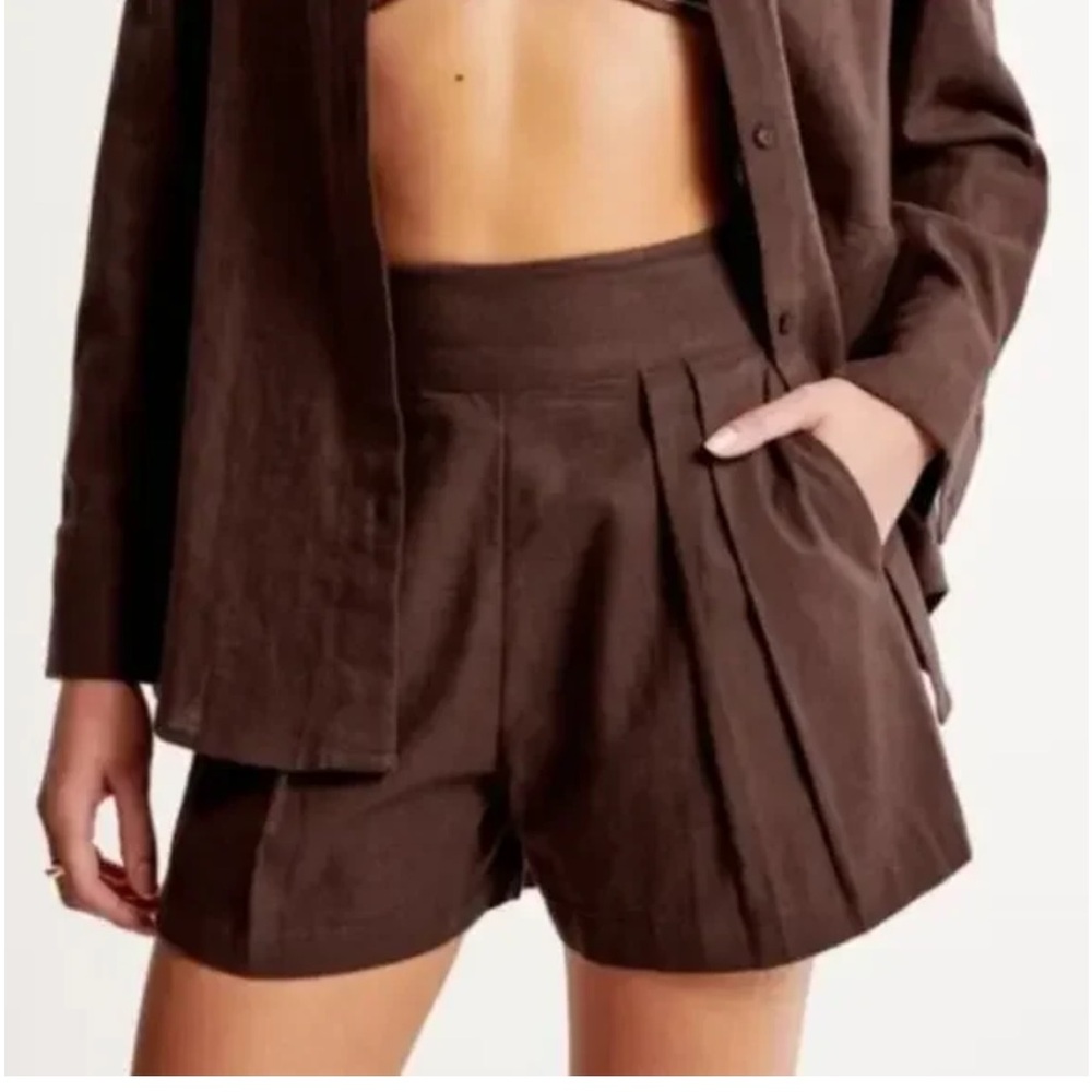 Abercrombie & Fitch High Rise Pull On Pleated Linen Trouser Brown Shorts Medium - Picture 2 of 6